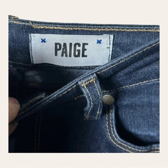 0706.‎ PAIGE PEG SKINNY JEANS DARK WASH IN COLOR RAW HEM SIZE SEE MEASUREMENTS - Picture 6 of 10